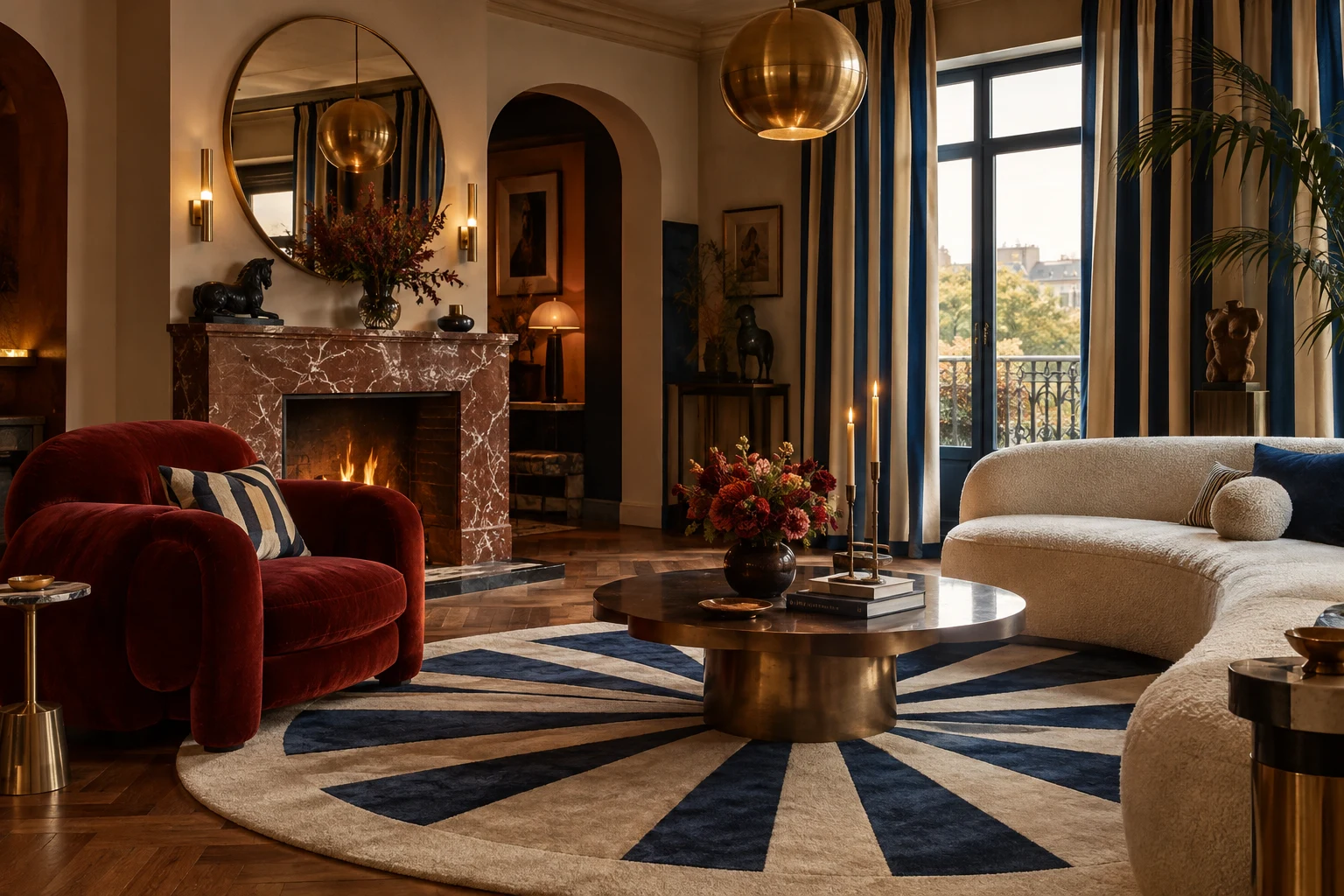 Salon avec fauteuil en velours rouge, rideaux à rayures bleu marine et écru, tapis rond à rayons bleus, suspension globe dorée et cheminée en marbre