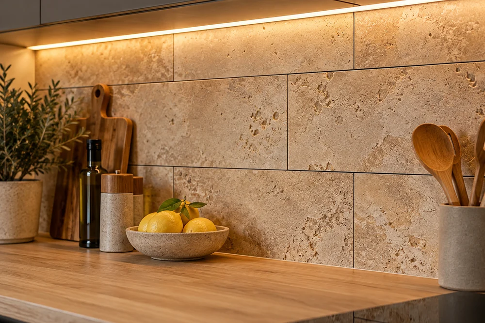 Détail d'une crédence de cuisine en travertin naturel avec joints époxy gris anthracite, éclairage LED sous-meuble, intérieur moderne 2026