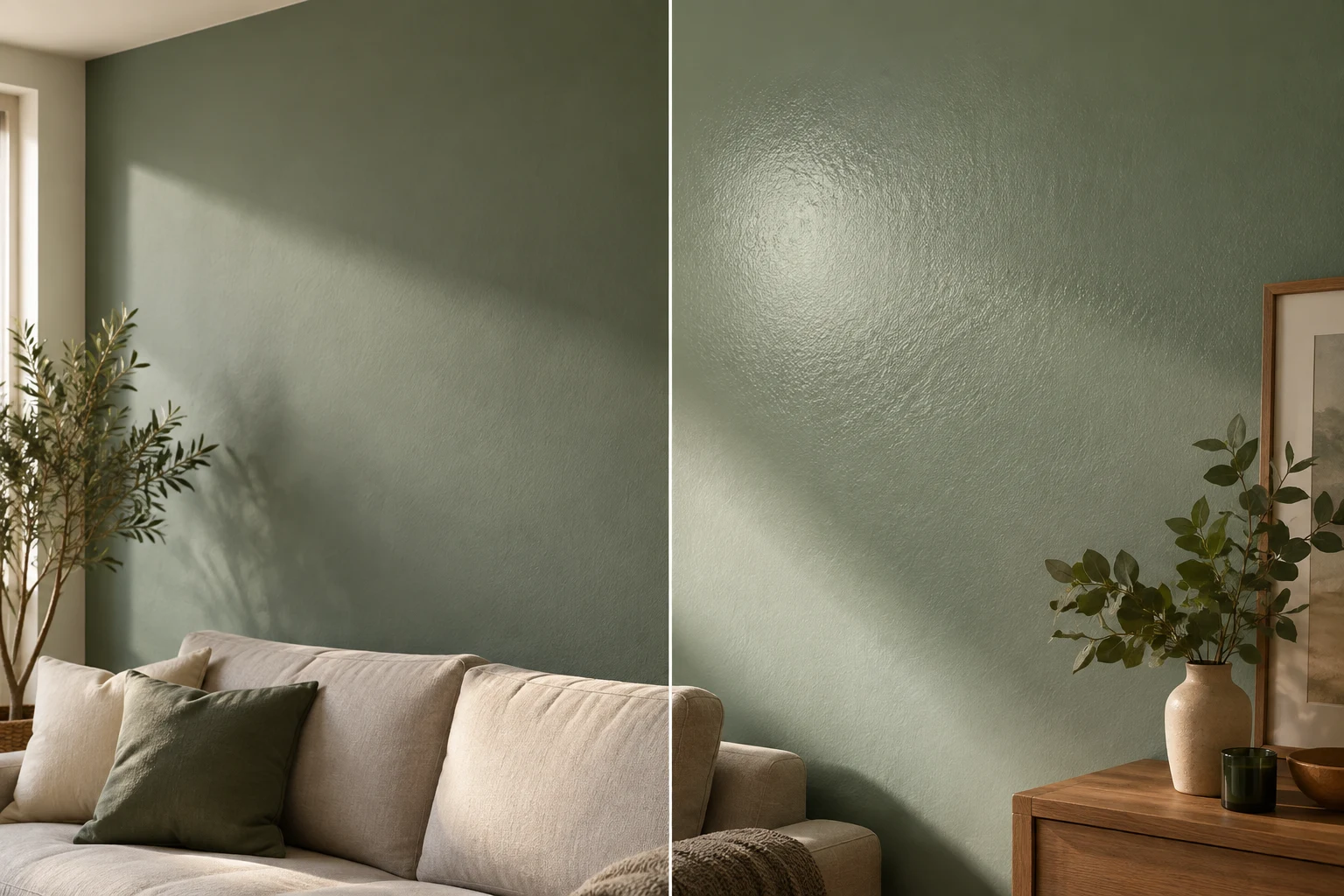 Comparaison finition peinture velours mat vs satinée sur mur salon, lumière rasante
