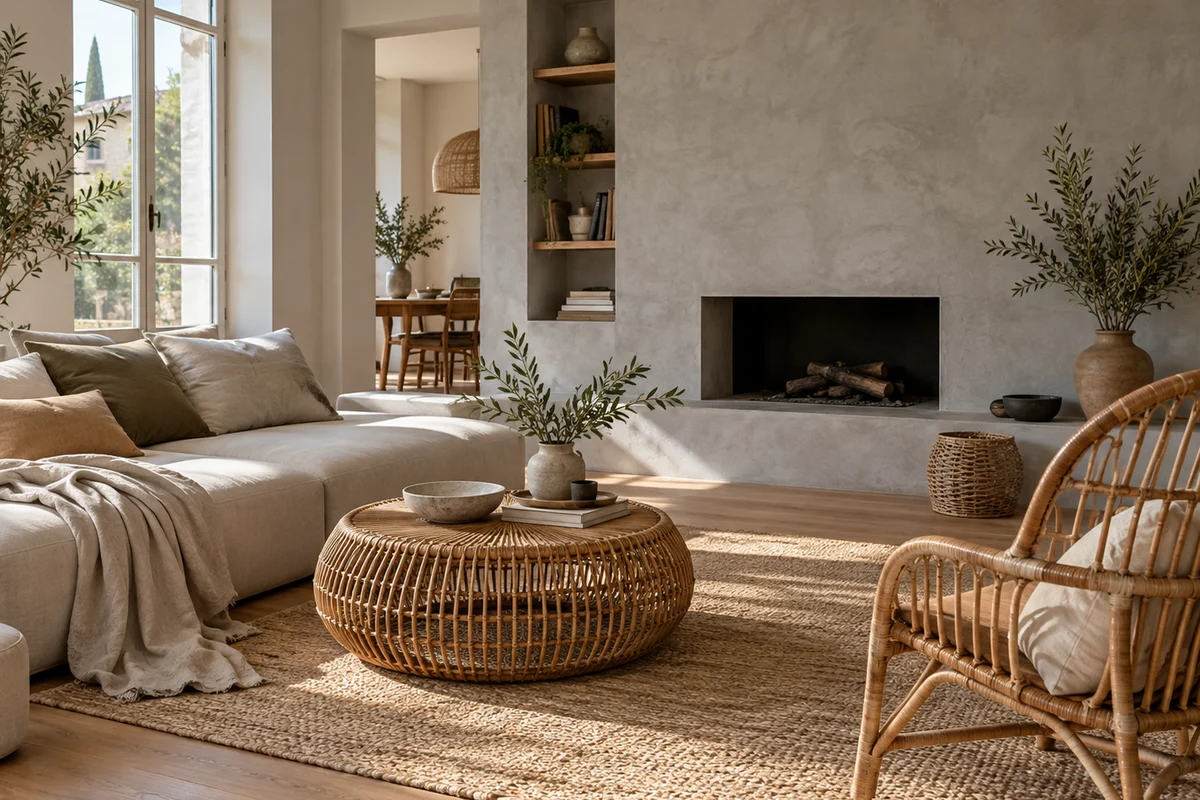 Salon moderne avec plancher en chêne huilé, mur en tadelakt gris perle et mobilier en rotin naturel, lumière naturelle, intérieur français 2026