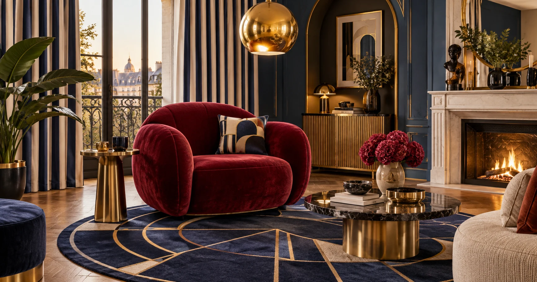 Fauteuil rond en velours bordeaux devant des rideaux rayés bleu marine et écru, tapis Art déco bleu nuit, suspension globe dorée et cheminée