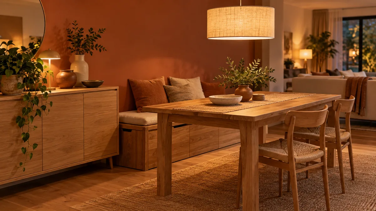 Coin salle à manger avec buffet bas en chêne, banc coffre contre un mur terracotta et suspension en lin