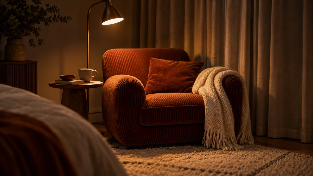 Coin lecture d'une chambre cosy : fauteuil en velours rouille, liseuse allumée en blanc chaud, plaid en laine et rideaux épais fermés