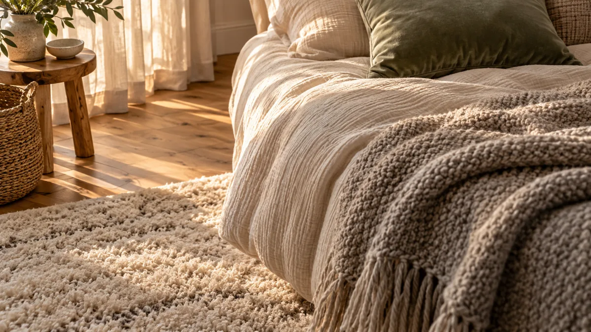 Textiles d'une chambre cocooning : housse de couette en gaze de coton, plaid en laine, coussin en velours sauge et tapis en laine sur parquet clair
