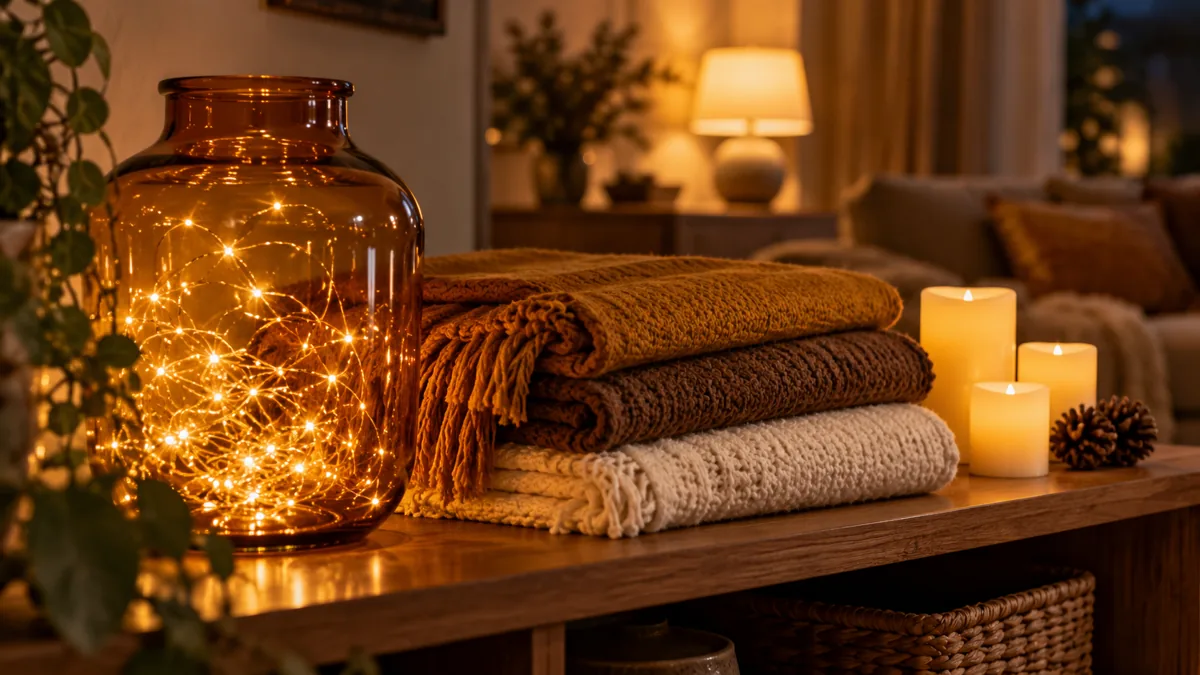 Bocal en verre ambré rempli d'une guirlande lumineuse blanc chaud, pile de plaids en laine ocre, brun et écru, bougies LED et pomme de pin sur une étagère