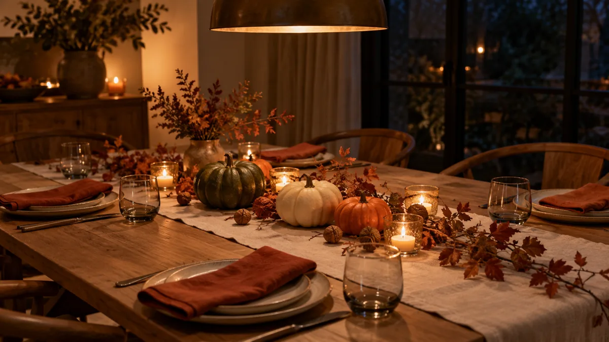 Table d'automne en chêne : chemin en lin, courges, photophores allumés, feuillages roux posés à plat et serviettes en lin rouille