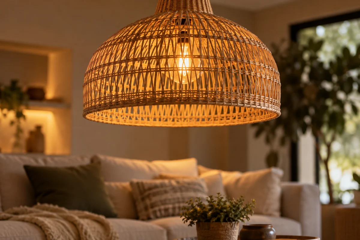 suspension rotin salon 2026 lumière chaude 2700K hauteur idéale